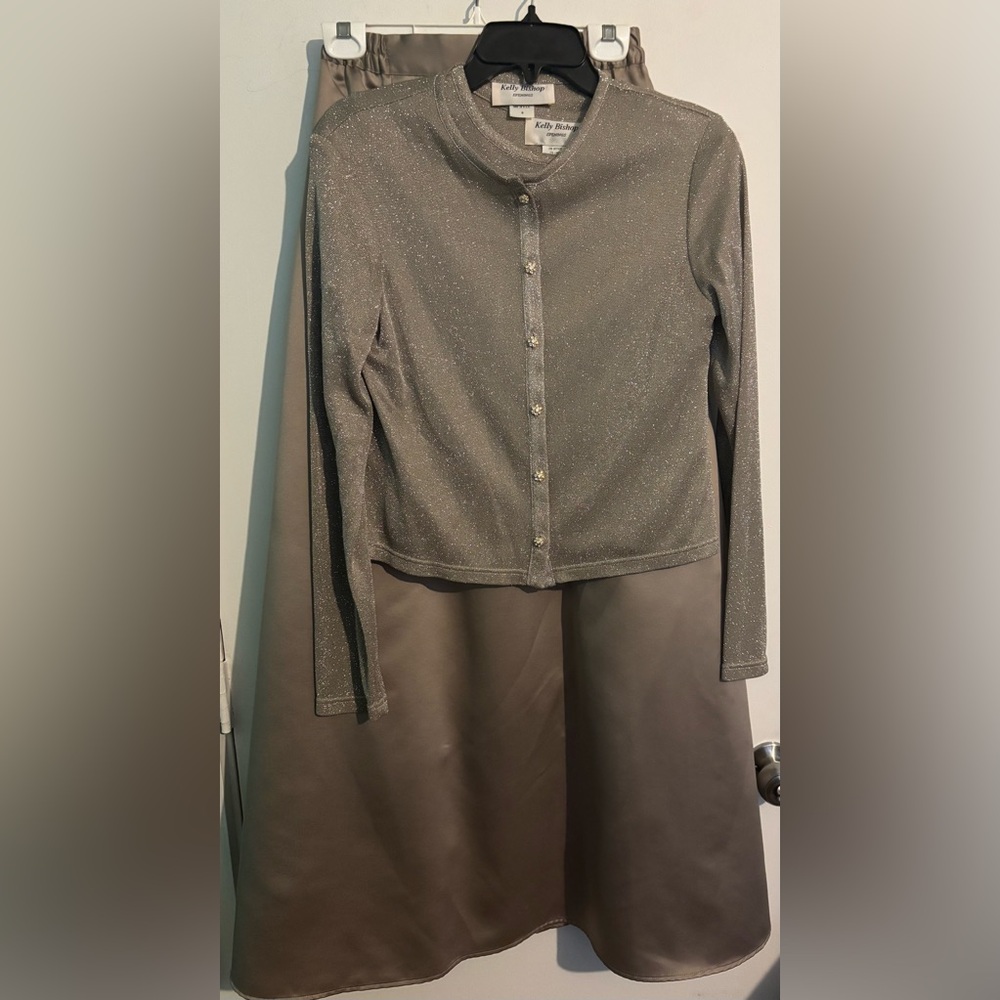 90s Vintage Kelly Bishop Womens Sz 8 3pc Champagne CropTop‎ Set Maxi Skirt Matte